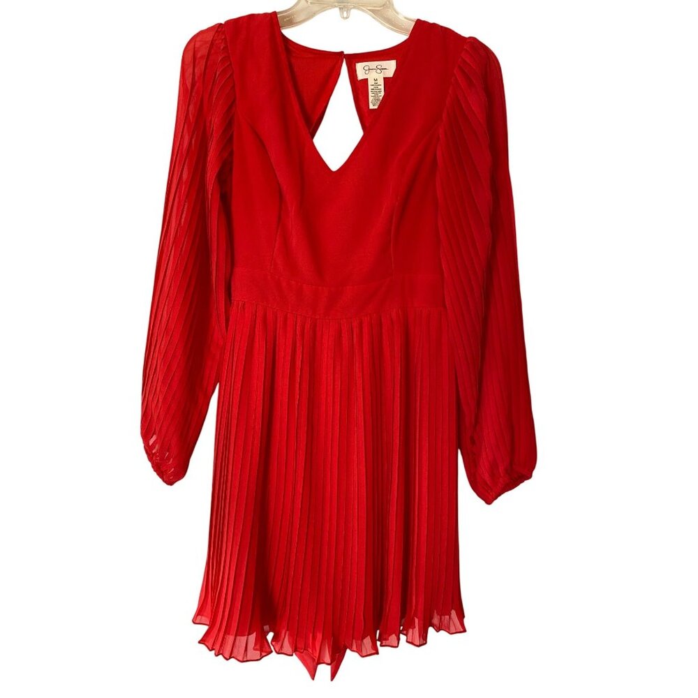 Jessica Simpson Red Pleated Chiffon Mini Dress Keyhole Back Long Sleeves Medium
